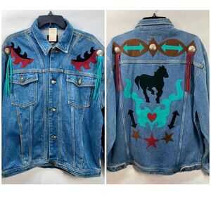 Vintage 80s Lily & Wolf Schlien Denim Jean Jacket Size Large Western Embellished